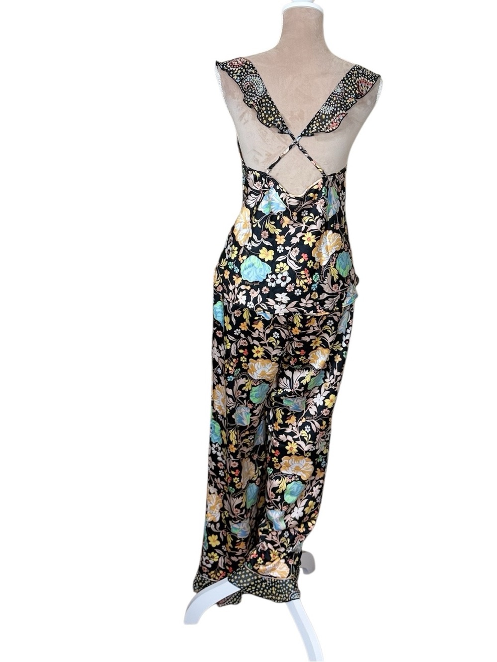 Victoria's Secret Satin Black Floral  with Pastel Blooms Flounce Pajama Set - Picture 4 of 10